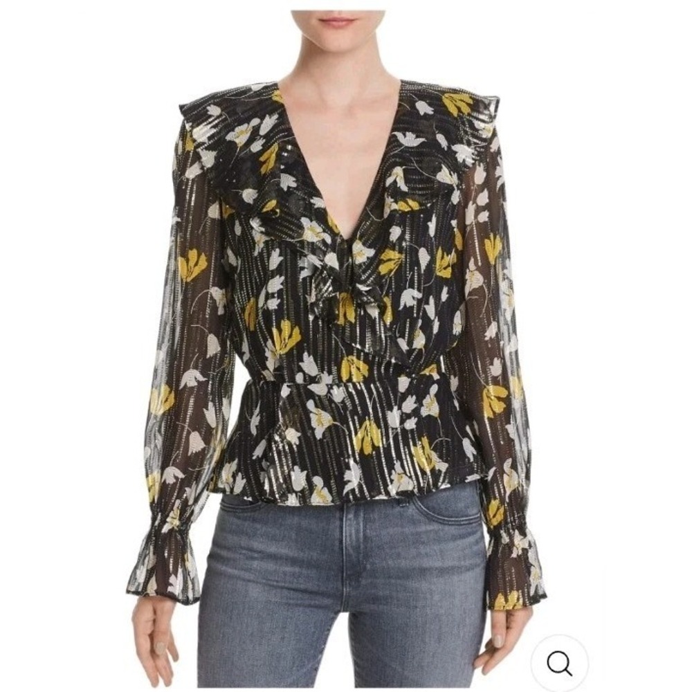 NWT Joie Silk Metallic Karmel Wrap Blouse Golden Hour Black Yellow Top M $298